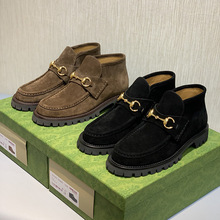 欧美外贸真皮圆头G家复古咖色丝光牛反绒厚底金属扣乐福鞋短靴