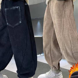 男童一体绒裤子中大童条绒裤加绒冬季束脚休闲裤洋气2026新款卫裤
