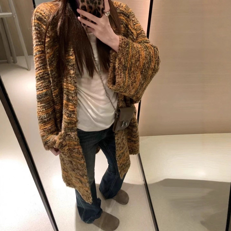 欧美风跨境外贸撞色中长款针织开衫女慵懒风时尚宽松休闲毛衣外套|undefined