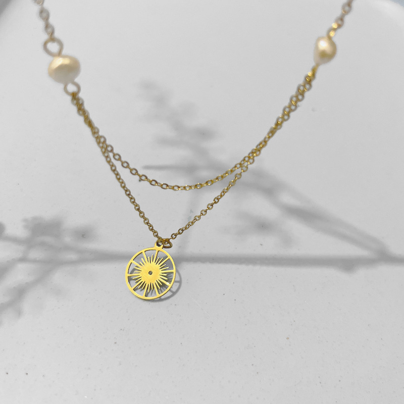Fashion Round Sun Stainless Steel Titanium Steel Pearl Plating Hollow Out Pendant Necklace Colorza_colorza_5