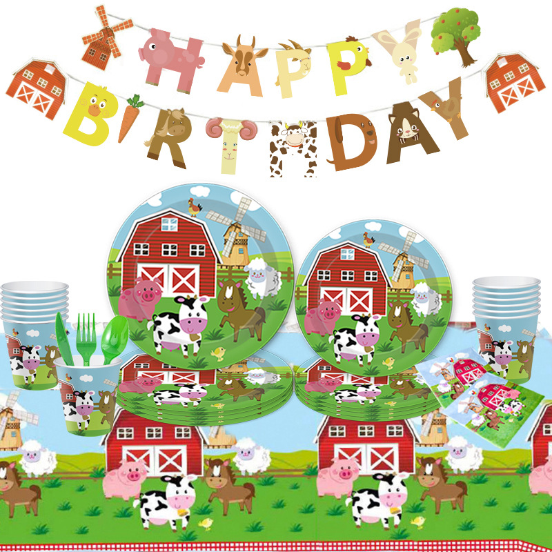 Amazon Animal Farm Tema del partido traje de cumpleaños de los niños taza de papel desechable Placa de papel mantel decoración al por mayor