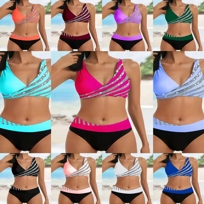 2025新款外贸泳装欧美性感烫钻两件套女士分体泳衣bikini泳装批发