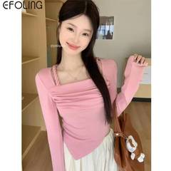 Autumn/Winter Basic Korean Knot & Cable Design Asymmetrical Fitted Long-Sleeve T-Shirt for Women - New Arrival Top
