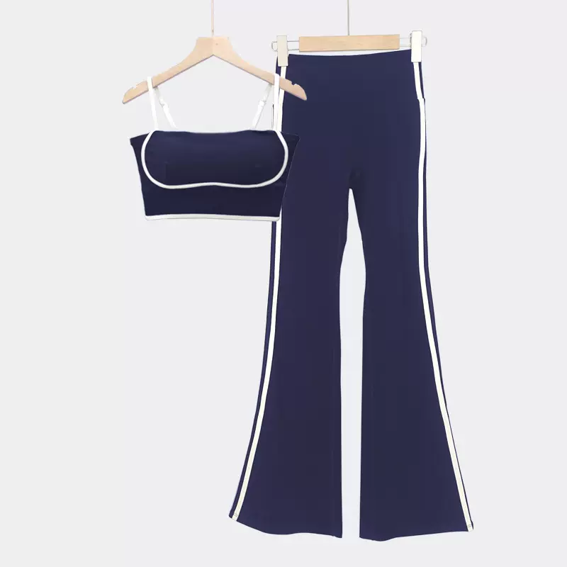 时尚跨境瑜伽服套装时尚吊带美背运动文胸高腰提臀撞色条纹喇叭裤