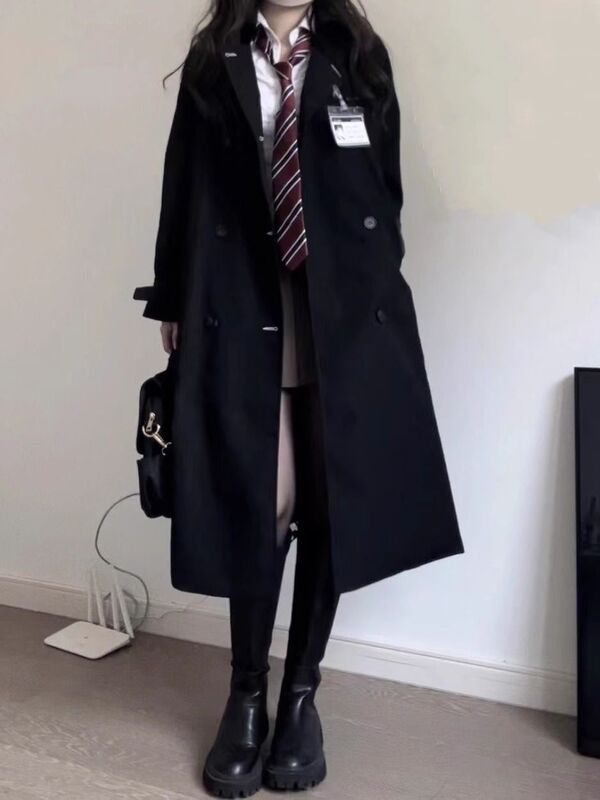 ハイエンド JK 制服ウインドブレーカージャケットミッドレングスカレッジスタイル女性の春と秋の黒のコートスーツ 2025 新しいスタイル|undefined