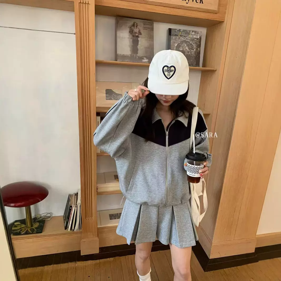凯羽尚LSARAJ春 韩系新款撞色舒适休闲卫衣外套百褶半身裙套装