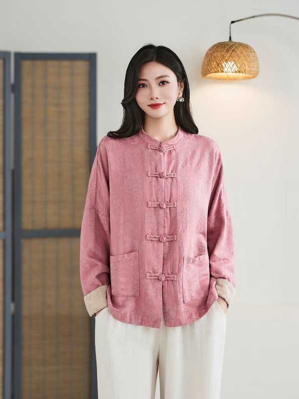 2025秋季新款立领复古盘扣暗纹提花大口袋新中式文艺范复古上衣女|undefined