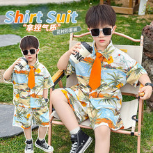 男童桔色领带套装夏装儿童帅气衬衣短袖两件套中小童衬衫休闲套