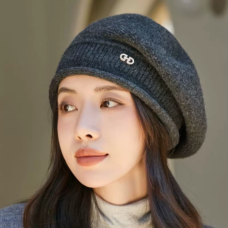 采购秋冬帽子女纯色百搭针织毛线帽冬季保暖贝雷帽厚中老年毛线帽