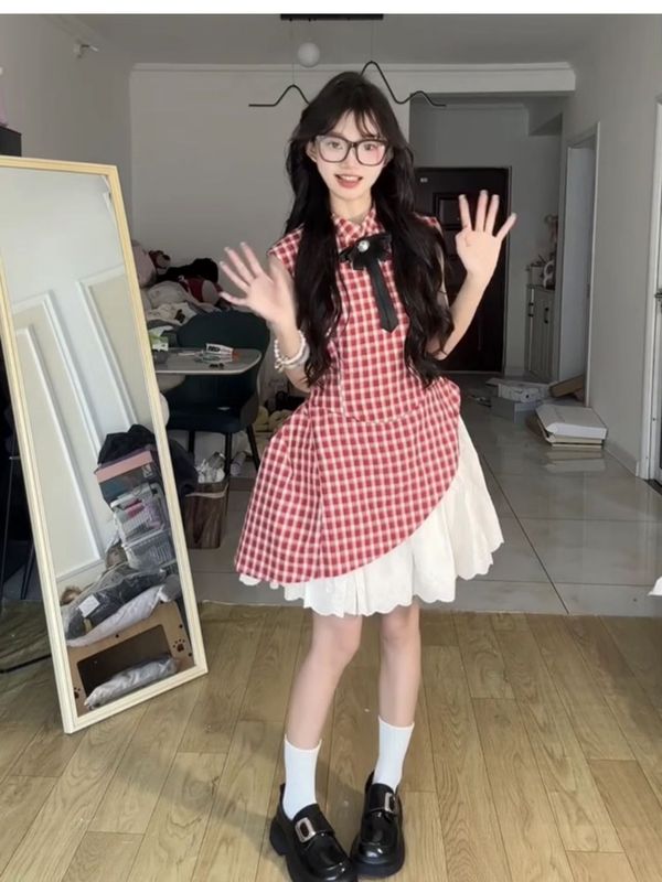 カレッジスタイルの赤いチェック柄のケーキふわふわドレス女の子の誕生日スカート甘い気質ウエスト痩身ベストドレス|undefined