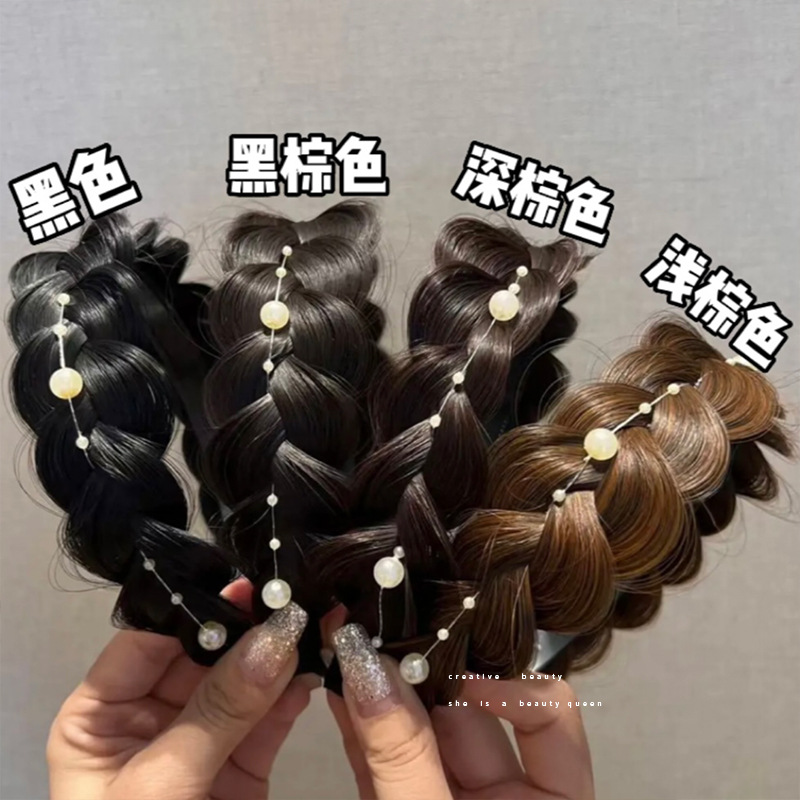 新款珍珠三股辮編發假髮發箍增高顱頂防滑減齡魚骨假髮發箍批