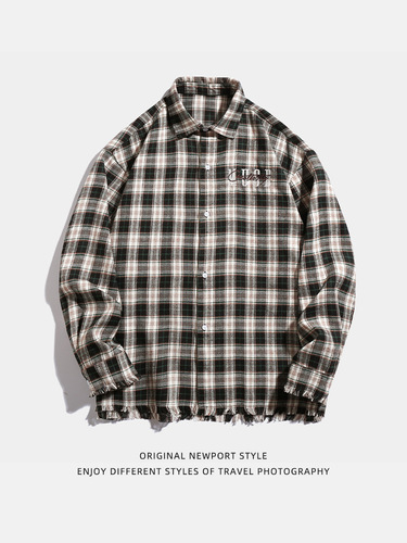 American streetwear brand embroidered grid long-sleeved women's spring fringe design couple high street shirt jacket q