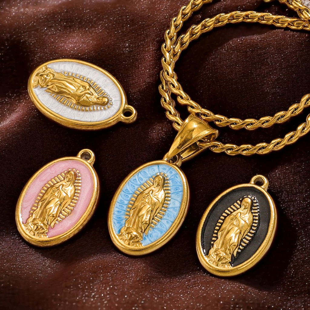 Pendant Jewelry Making Type Real Gold Plated Plating Material DIY Jewelry Accessories Classification 5 PCS/Package 304 Stainless Steel PVD Coated Real Gold Plated Virgin Mary Color Block Pendant DIY Jewelry Accessories
