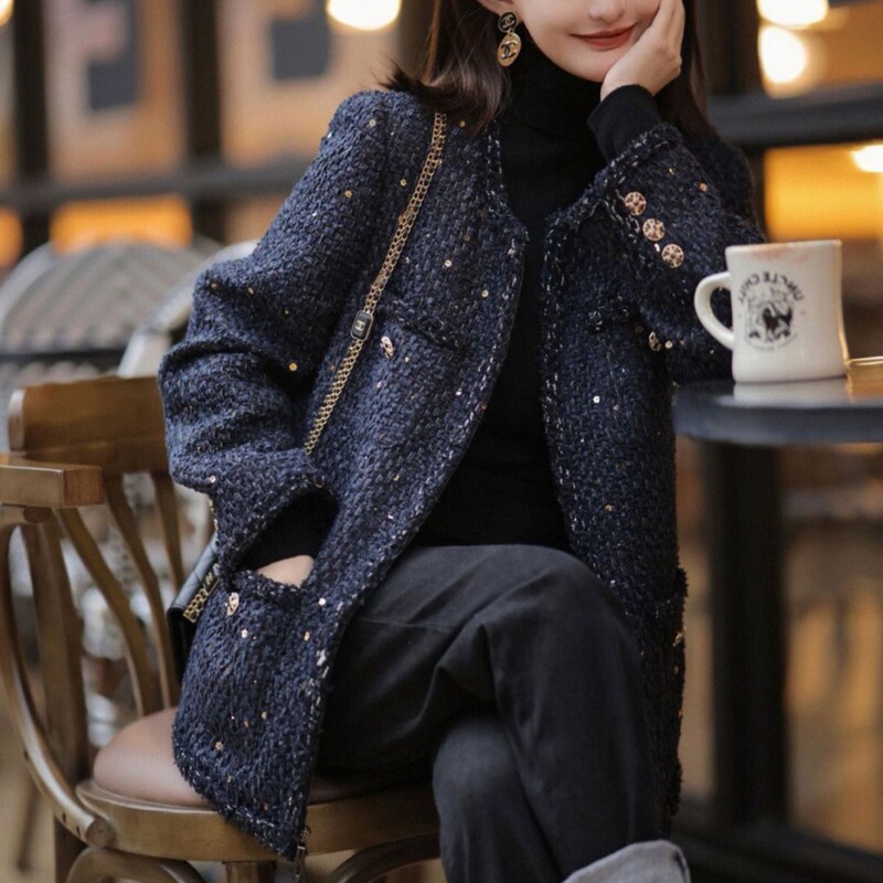 FL223022 Exquisite French Retro Elegant Ladies Black Fine Flash Small Chanel Style Coat Women's Autumn and Winter New
