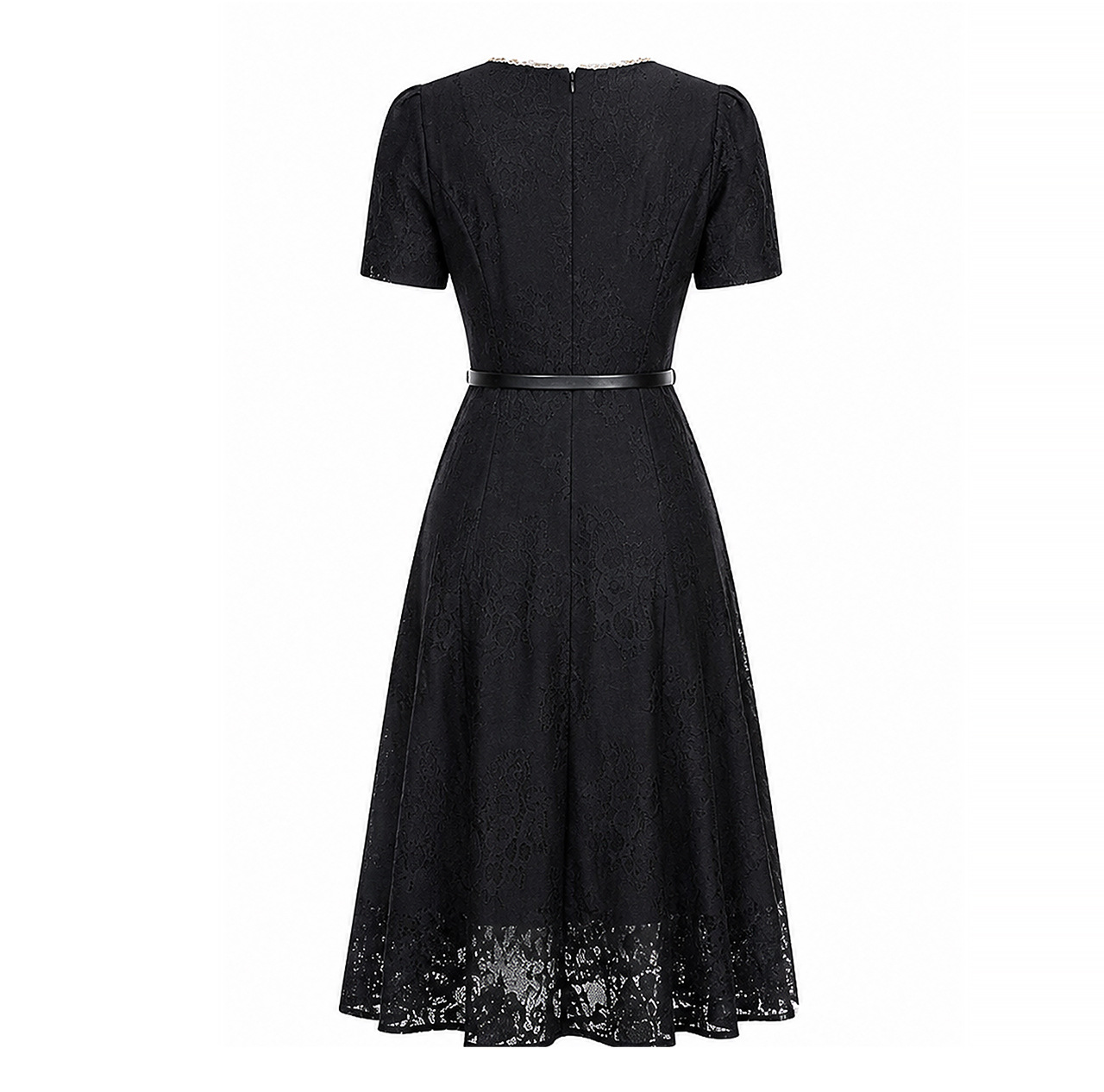 Đầm suông nữ midi thắt eo ren đính đá jacquard chữ A — màu đen chi tiết 17