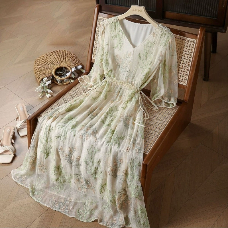 2025 новое летнее элегантное платье-юбка из искусственного шелка, утягивающее платье из шелковицы, короткий рукав, стройнящая юбка средней длины