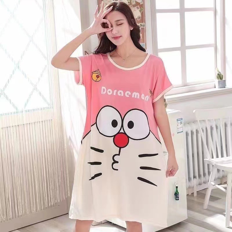 Spot falda de mujer viento perezoso talla grande camisón de mujer manga corta suelta y cómoda cuello redondo lindo vestido de casa con estampado de dibujos animados