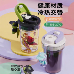 男の子と女の子向けのストロー付きダブルドリンクPCプラスチックカップ、見栄えの良い漫画人形カップ、ワンクリックで蓋を開ける、ポータブルウォーターカップ