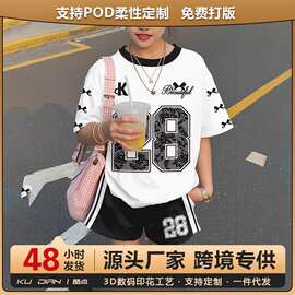 外贸跨境儿童卡通印花短袖套装夏季宽松t恤圆领短裤欧美独立站女