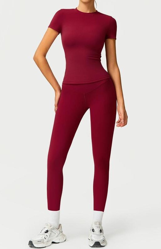 起毛ヨガ服セットハイウエストタイトヨガフィットネス服ランニングスポーツ女性の半袖ズボンセット 8455|undefined