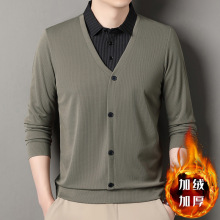 青年男士假两件加绒T恤冬款打底衬衫领上衣加厚保暖休闲男t恤冬天