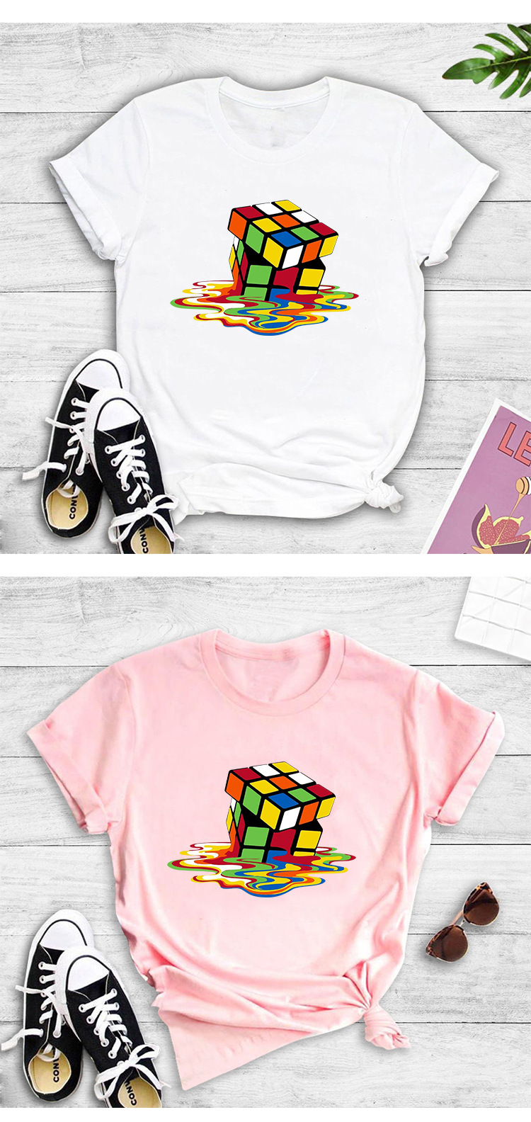 Summer short-sleeved rotating melting cube creative printing T-shirt NSYIC59342