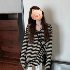 原版面料 条纹长袖T恤女士春夏欧货新款独特绝美休闲显瘦上衣