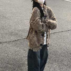 美式复古街头牛角扣开衫毛衣外套女春秋新款宽松设计感百搭针织潮