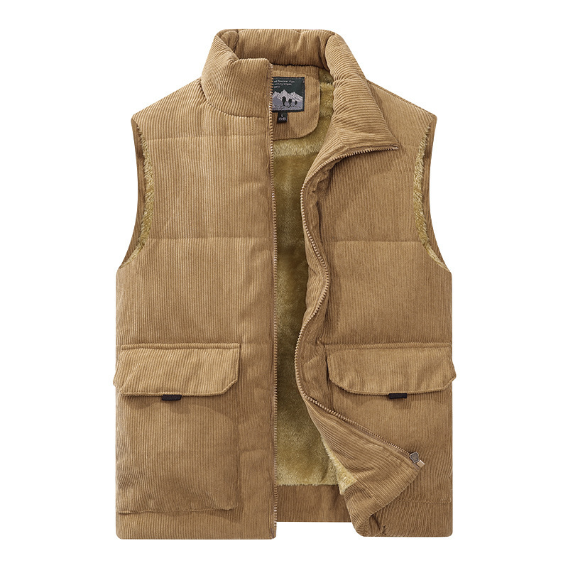 Men's corduroy vest fleece-lined thickened vest plus size stand collar waistcoat multi-pocket tooling down cotton vest tide