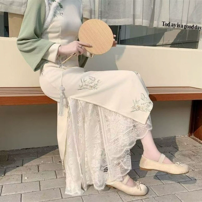 Плюс-сайз чонсам с высокой талией, кружевная юбка-петтикоат с ажурными вставками, новая универсальная юбка-миди с длинной пышной юбкой.