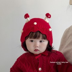 公主红婴幼儿羊毛帽子秋冬女婴护耳可爱和超级可爱的新年毛线帽