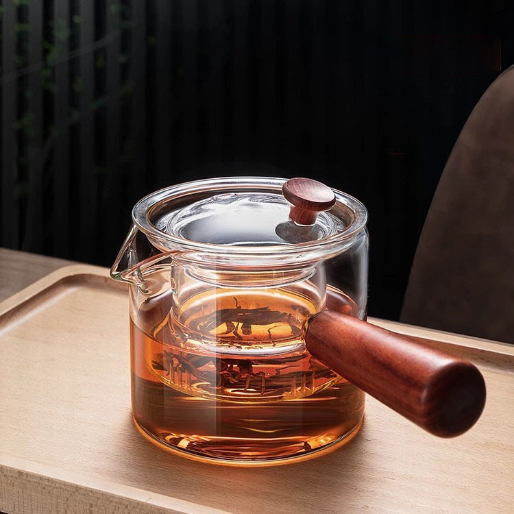 High-Temperature Resistant Glass Filter Teapot Health Pot with Side Wooden Handle Anti-Scalding Teapot Tea Brewing Device Flower Teapot Tea Set