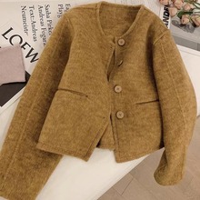 美拉德双面呢羊毛大衣女圆领短款秋冬韩版时尚气质毛呢外套小个子