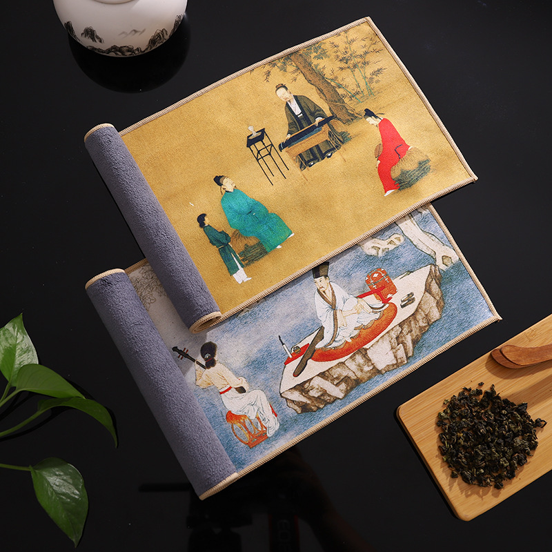 Factory Wholesale Suede Fleece Gongfu Tea Towels Chinese Style Colorful Painted National Trend Ancient Style Thick Absorbent Towels Tablecloth Cleaning Cloth Wholesale