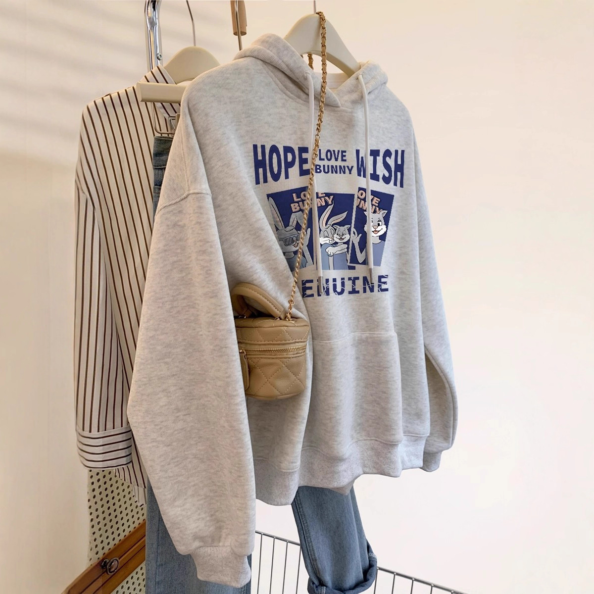 White and Gray Hooded Sweatshirt for Women in Autumn and Winter New Style Student Casual Loose Versatile Slimming Look Lazy Style Large Size Top Trendy