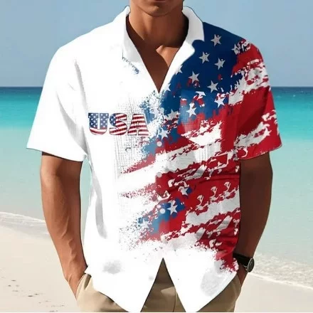 Cross-Border Export Men's Hawaiian Shirt Fashion Floral 3D Digital Printing Independence Day Short-Sleeved Tops Wholesale