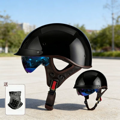 Motosiklet kaskı (dəbilqə) — Cruiser Half Helmets, Electric - 14-015-glossy-black-with-face-towel-with-white-mirror-m