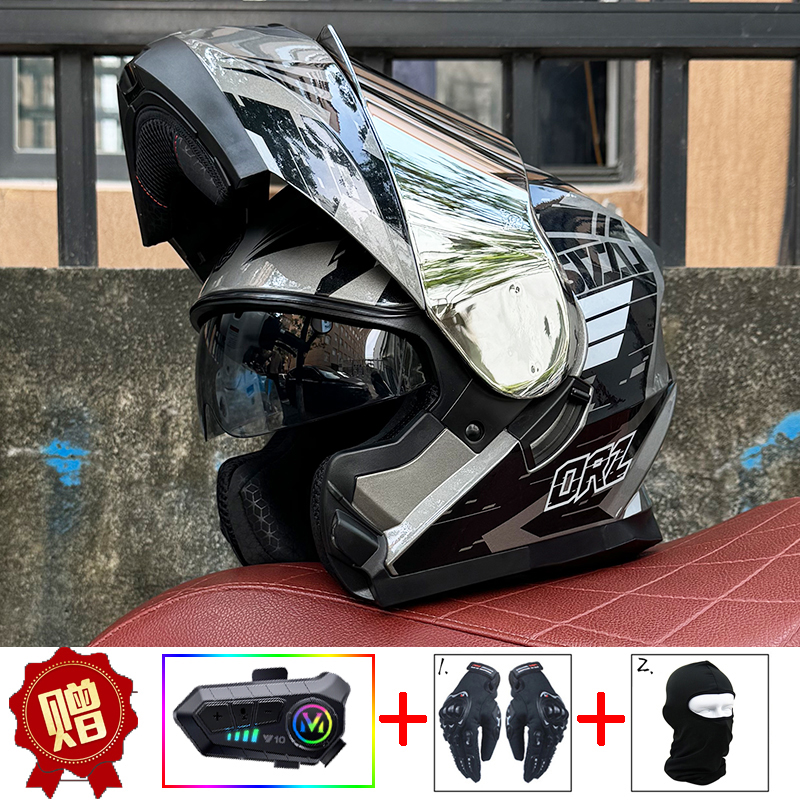 Universal Orz Motorcycle Flip-Up Helmet Bluetooth Men Women Full/Half Face (Auto Parts and Accessories) - m-matte-black-transparenty10-bluetooth