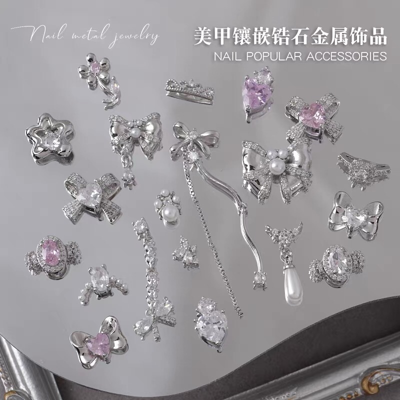 Popular Silver Nail Art Zircon Jewelry Lz Same Style Light Luxury High-End Bow Tassel Pendant Full Diamond Nail Accessories