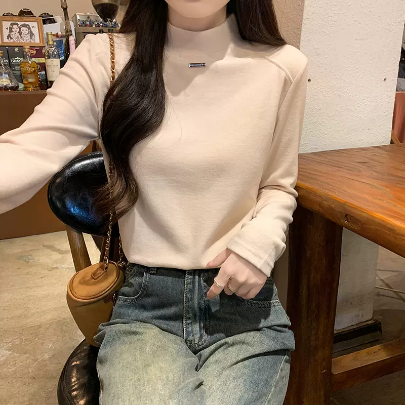 2025新款半高领长袖T恤女别致慵懒风高级感修身打底衫温柔风上衣