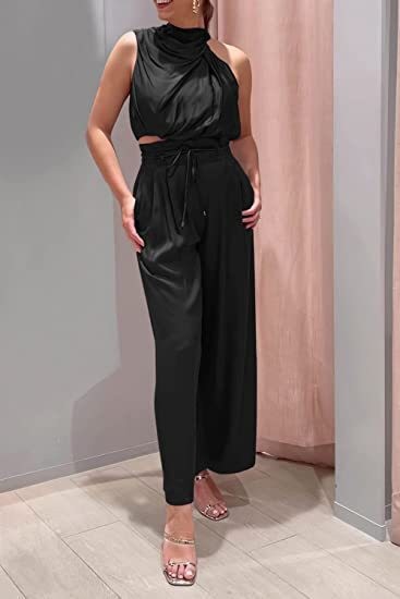 Women's 2-piece Summer Casual Sleeveless Collar Open Navel Top Wide Leg Pants Set_voghion.com