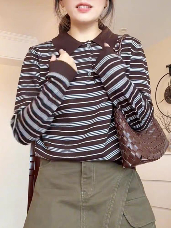 法式撞色条纹polo领长袖上衣女秋季新款洋气高级感百搭休闲上衣|undefined