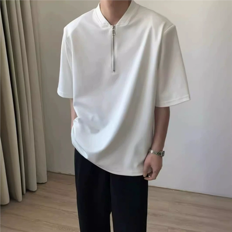 Чао бренд красивый красивый уличный белый футболка мужчины высокого уровня чувство плеча лето cleanfit полузастежка на молнии с коротким рукавом с 7 очками рукава