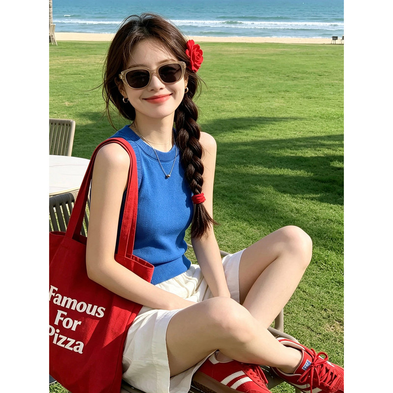 High-Elastic Ice Silk Knit Sleeveless Top for Women, Summer Klein Blue, Slim-Fit, Flattering, Versatile Camisole for Outerwear