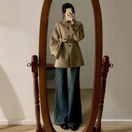 高级感超好看复古立领卡其色毛呢外套女秋冬气质收腰短款呢子大衣