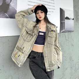 水洗做旧牛仔衣复古街头刺绣牛仔夹克泼墨宽松外套女春秋跨境潮牌