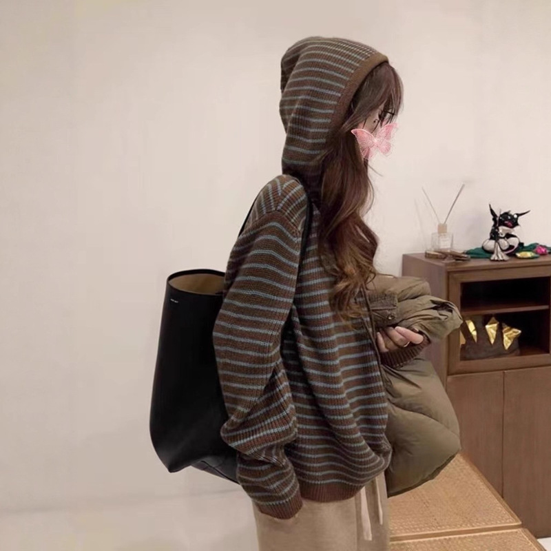 Hooded Striped Sweater Tops 2025 Autumn and Winter New Loose Soft Waxy Lazy Style Sweater Top for Women