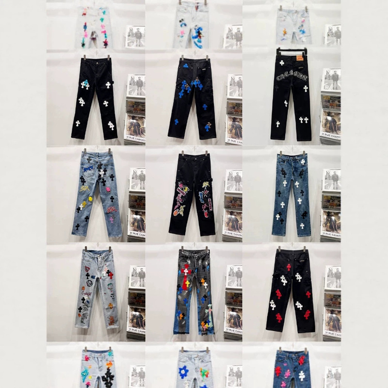 Trendy American-Style Chrome Hearts Leather Label Washed Vintage Jeans, Unisex Couple Style, Spring and Autumn Loose Straight Fit
