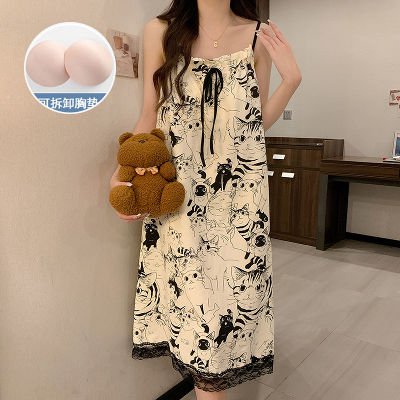 2025 nuevo gato con cojín de pecho pijama mujer de verano cabina de nubes de algodón lindos pijamas para el hogar ropa