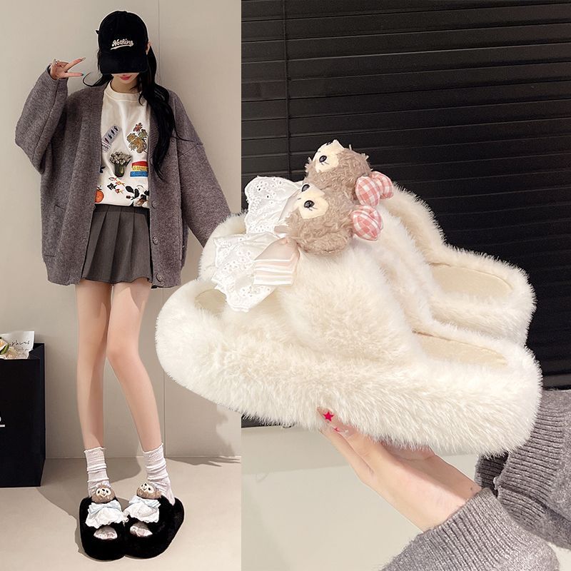 卡通可爱雪莉玫毛毛拖鞋少女秋冬季小个子增高百搭松糕毛绒绒拖鞋|undefined